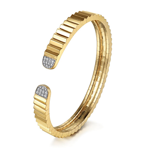 14K Yellow Gold Diamond Open Cuff Bangle in Diamond Cut Texture