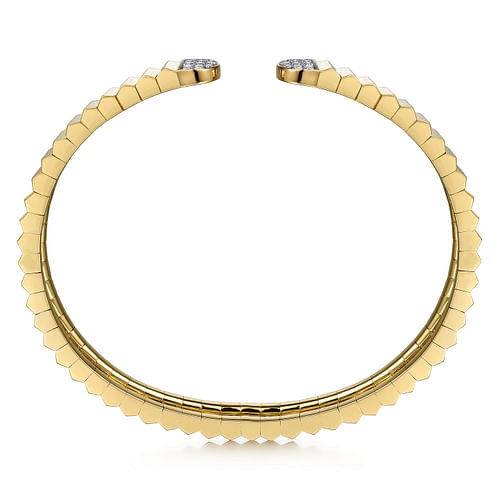 14K Yellow Gold Diamond Open Cuff Bangle in Diamond Cut Texture