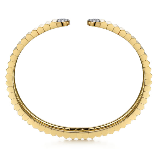 14K Yellow Gold Diamond Open Cuff Bangle in Diamond Cut Texture angle 3
