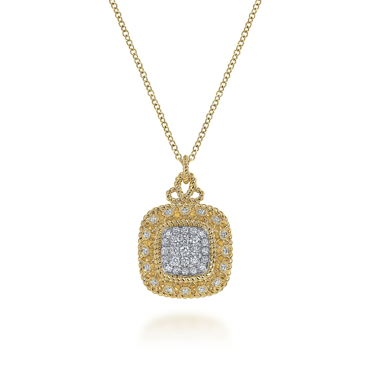 14K Yellow Gold Diamond Pavé Cushion Shape Pendant Necklace