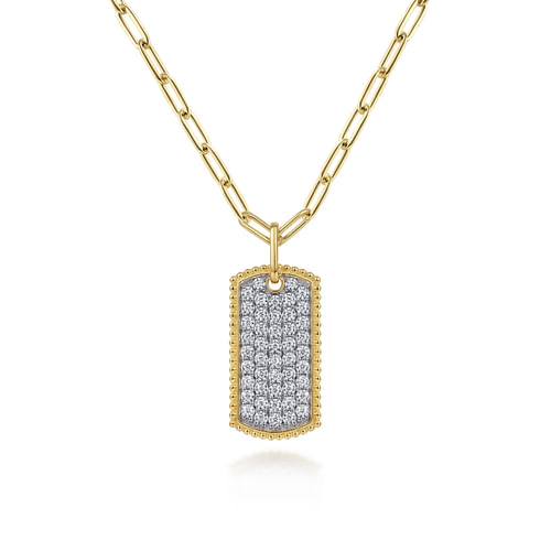 14K Yellow Gold Diamond Pavé Dog Tag Pendant Hollow Chain Necklace