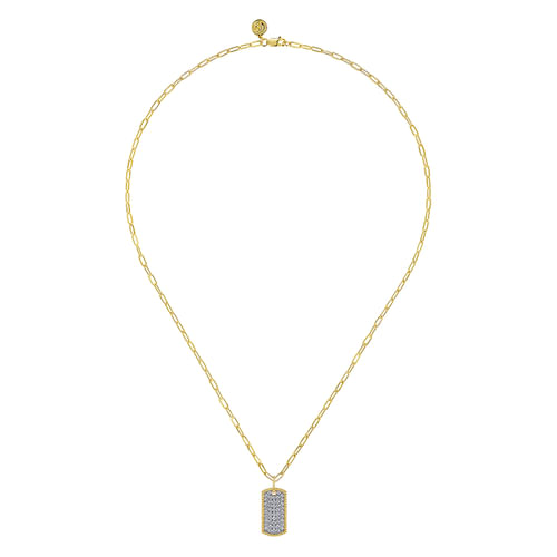 14K Yellow Gold Diamond Pavé Dog Tag Pendant Hollow Chain Necklace