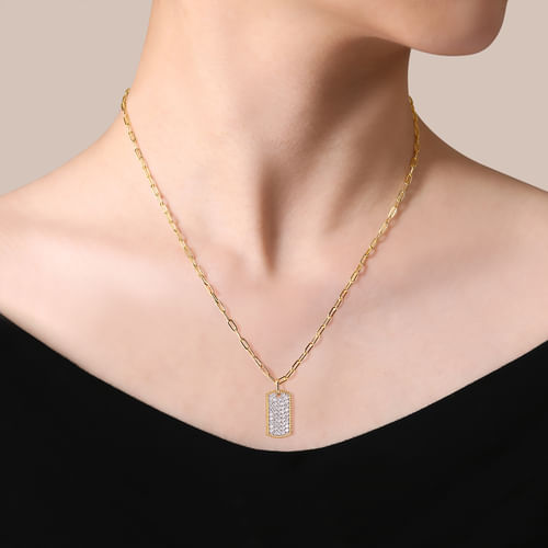 14K Yellow Gold Diamond Pavé Dog Tag Pendant Hollow Chain Necklace