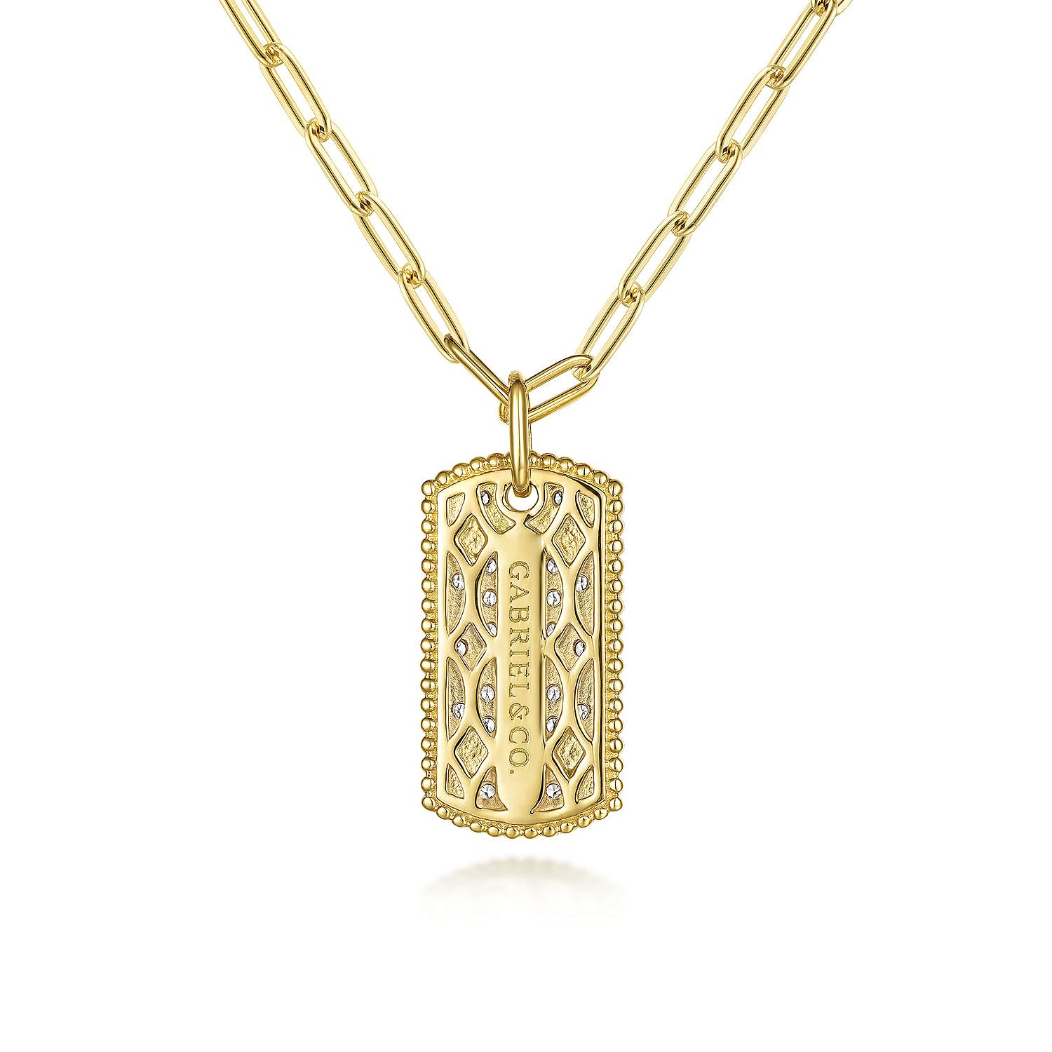 14K Yellow Gold Diamond Pavé Dog Tag Pendant Hollow Chain Necklace