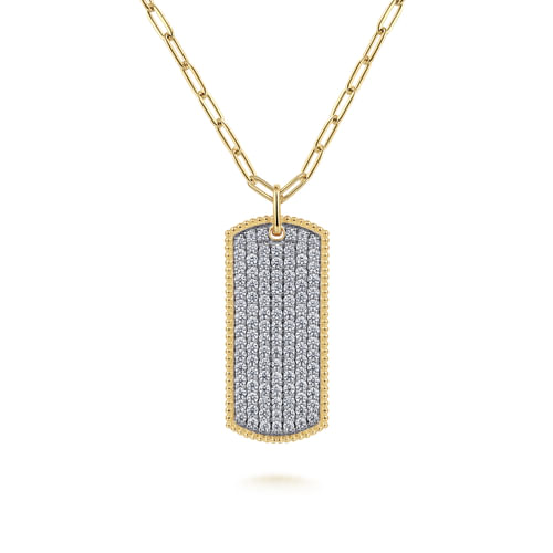 14K Yellow Gold Diamond Pavé Dog Tag Pendant Hollow Chain Necklace