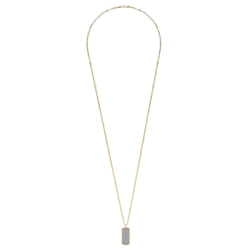 14K Yellow Gold Diamond Pavé Dog Tag Pendant Hollow Chain Necklace
