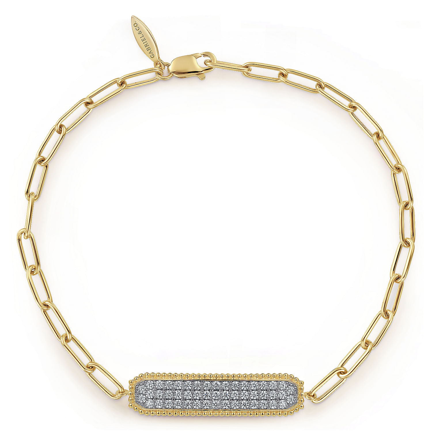 14K Yellow Gold Diamond Pavé Wide Bar Hollow Chain Bracelet