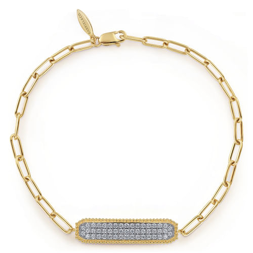 14K Yellow Gold Diamond Pavé Wide Bar Hollow Chain Bracelet