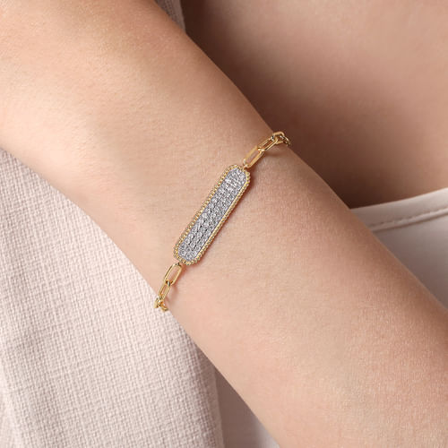 14K Yellow Gold Diamond Pavé Wide Bar Hollow Chain Bracelet