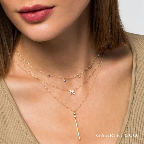14K Yellow Gold Diamond Pendant Drop Necklace