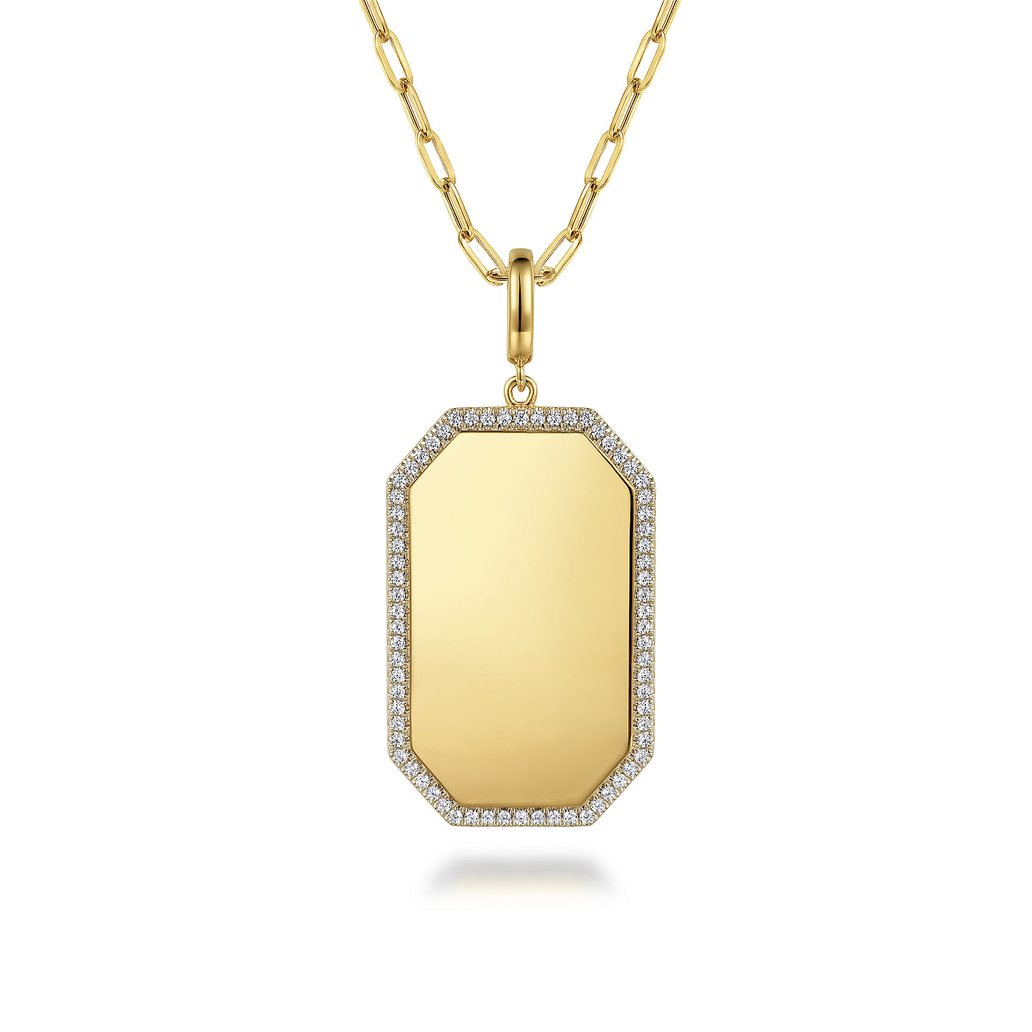 14K Yellow Gold Diamond Personalized Elongated Octagonal Shaped Medallion Pendant Necklace with Hollow Paperclip Chain