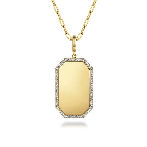 14K Yellow Gold Diamond Personalized Elongated Octagonal Shaped Medallion Pendant Necklace with Hollow Paperclip Chain