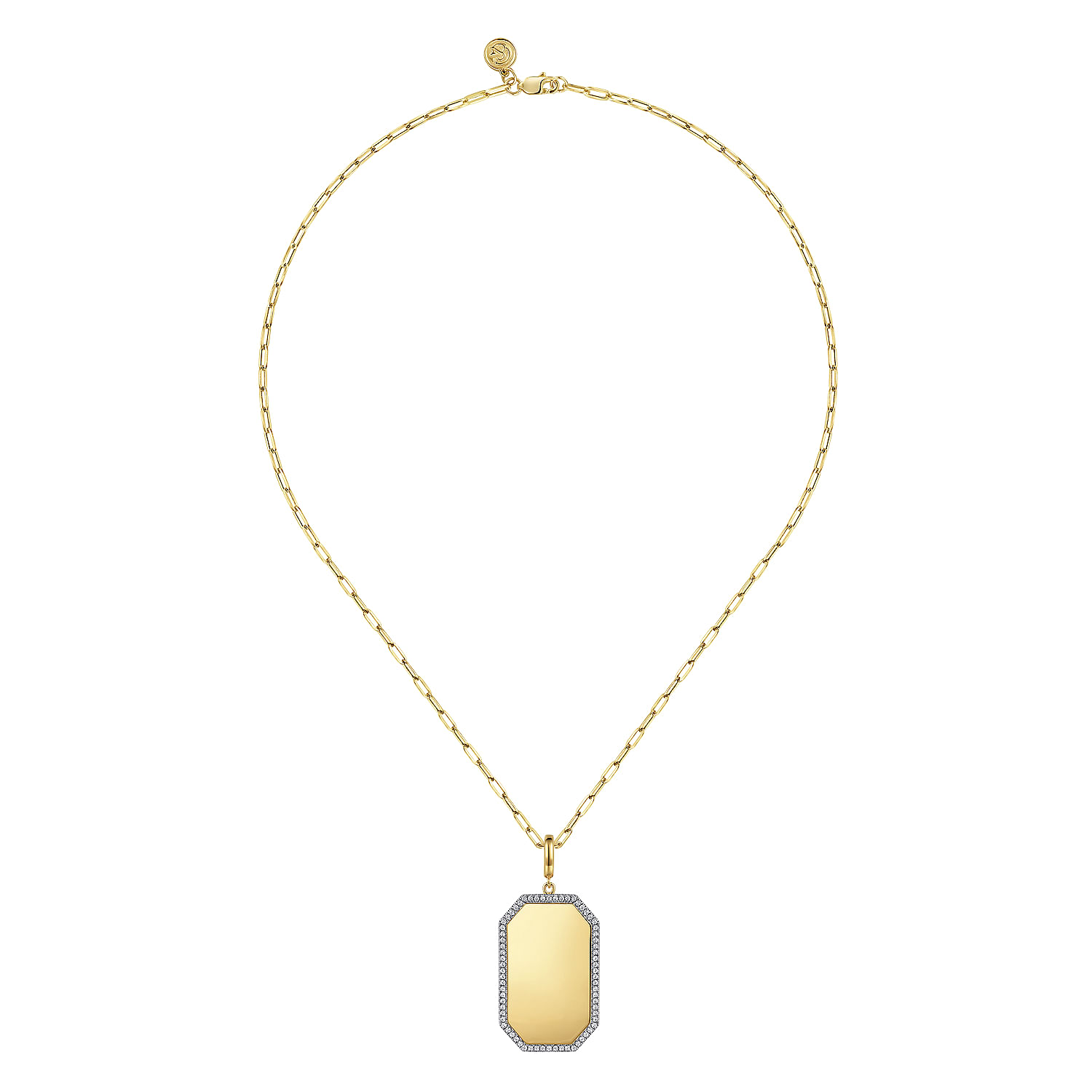 14K Yellow Gold Diamond Personalized Elongated Octagonal Shaped Medallion Pendant Necklace with Hollow Paperclip Chain