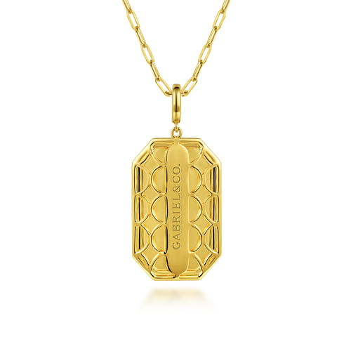 14K Yellow Gold Diamond Personalized Elongated Octagonal Shaped Medallion Pendant Necklace with Hollow Paperclip Chain