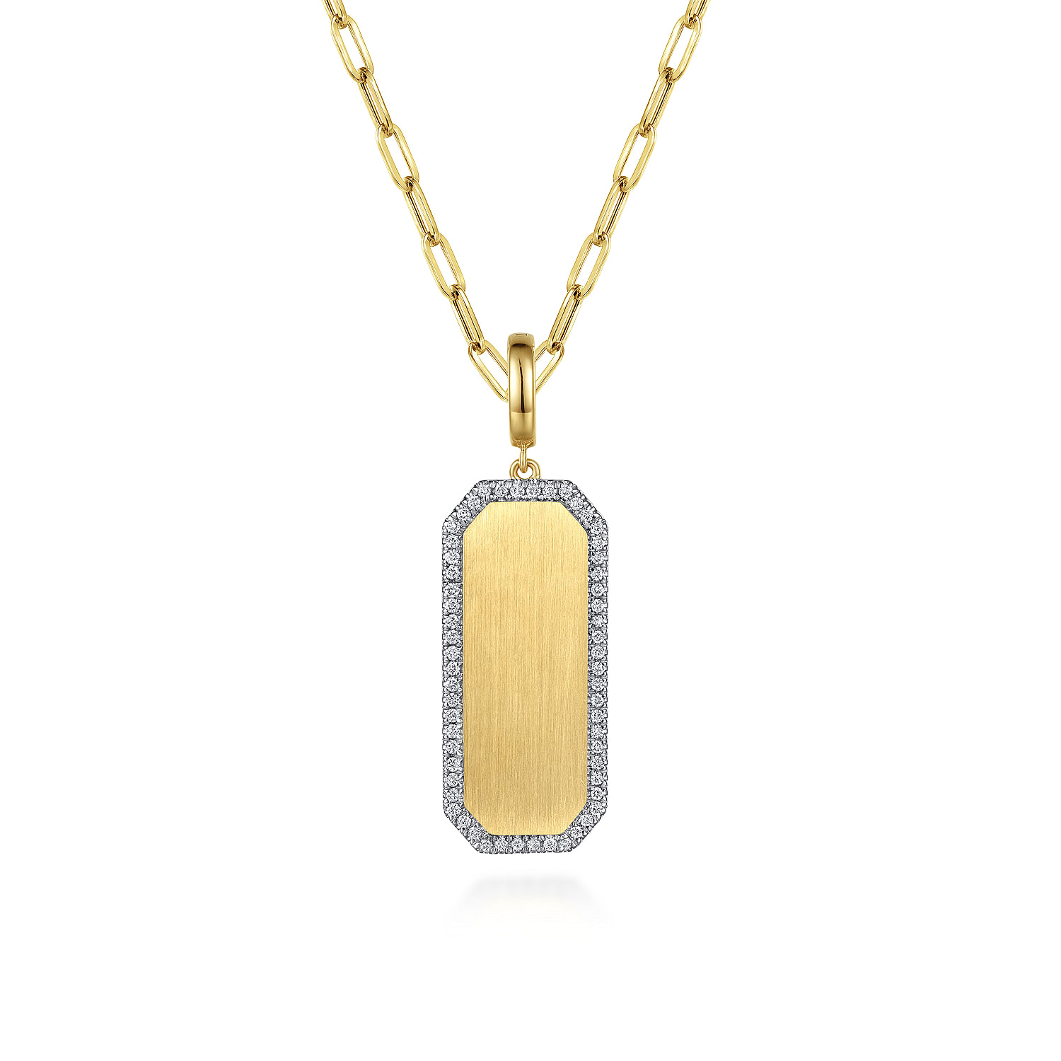 14K Yellow Gold Diamond Personalized Medallion Necklace with Hollow Paperclip Chain