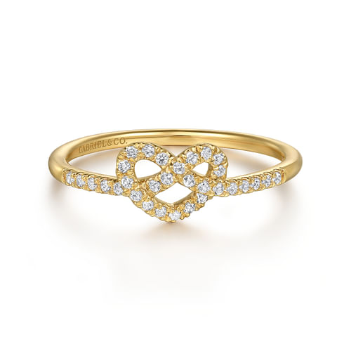 14K Yellow Gold Diamond Pretzel Love Knot Heart Ring