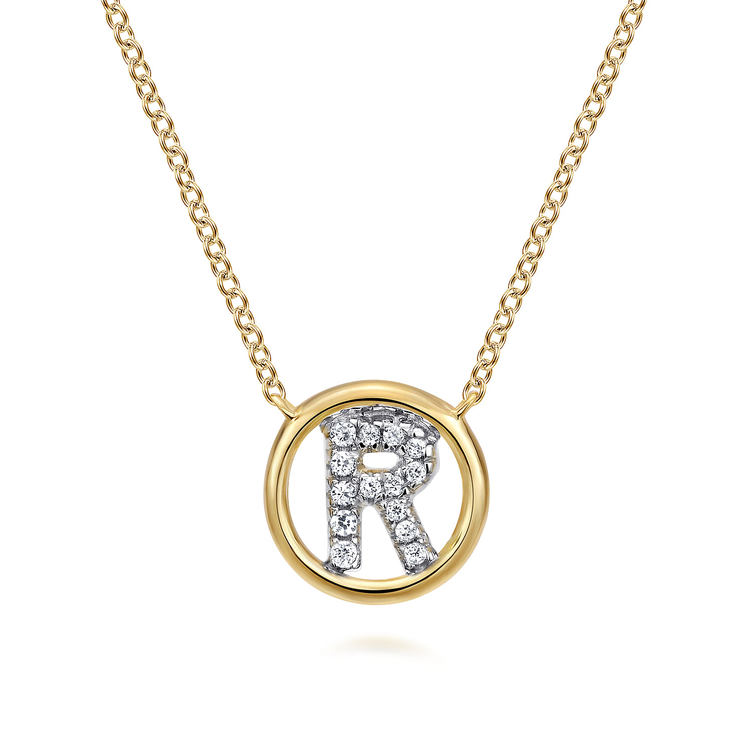 14K Yellow Gold Diamond R Initial Pendant Necklace