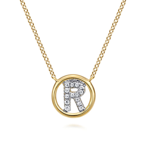 14K Yellow Gold Diamond R Initial Pendant Necklace