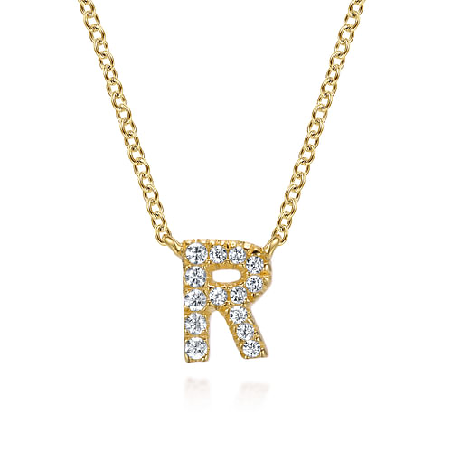 14K Yellow Gold Diamond R Initial Pendant Necklace