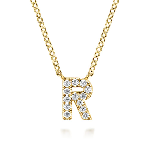 14K Yellow Gold Diamond R Initial Pendant Necklace