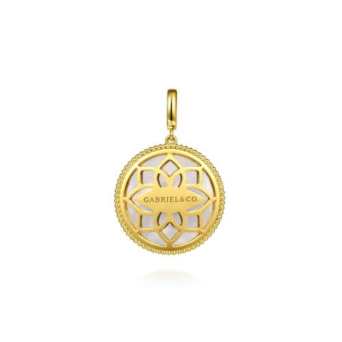 14K Yellow Gold Diamond, Sapphire and White Mother of Pearl Evil Eye Medallion Pendant With Detachable Bail