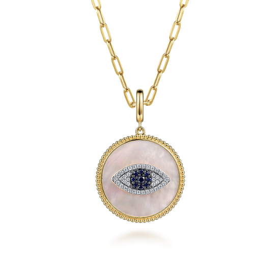 14K Yellow Gold Diamond, Sapphire and White Mother of Pearl Evil Eye Medallion Pendant With Detachable Bail angle 3