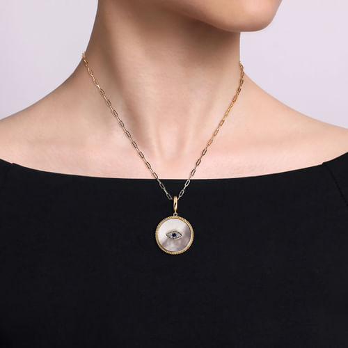 14K Yellow Gold Diamond, Sapphire and White Mother of Pearl Evil Eye Medallion Pendant With Detachable Bail