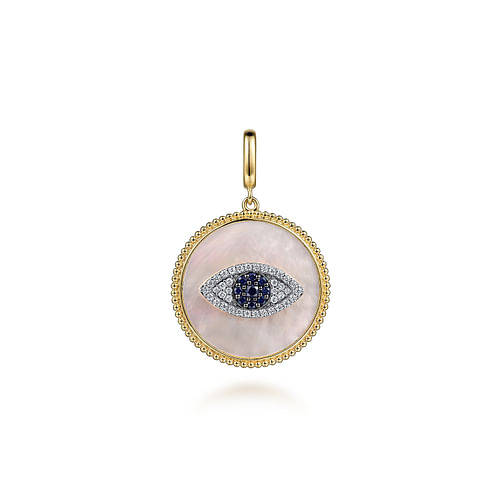 14K Yellow Gold Diamond, Sapphire and White Mother of Pearl Evil Eye Medallion Pendant