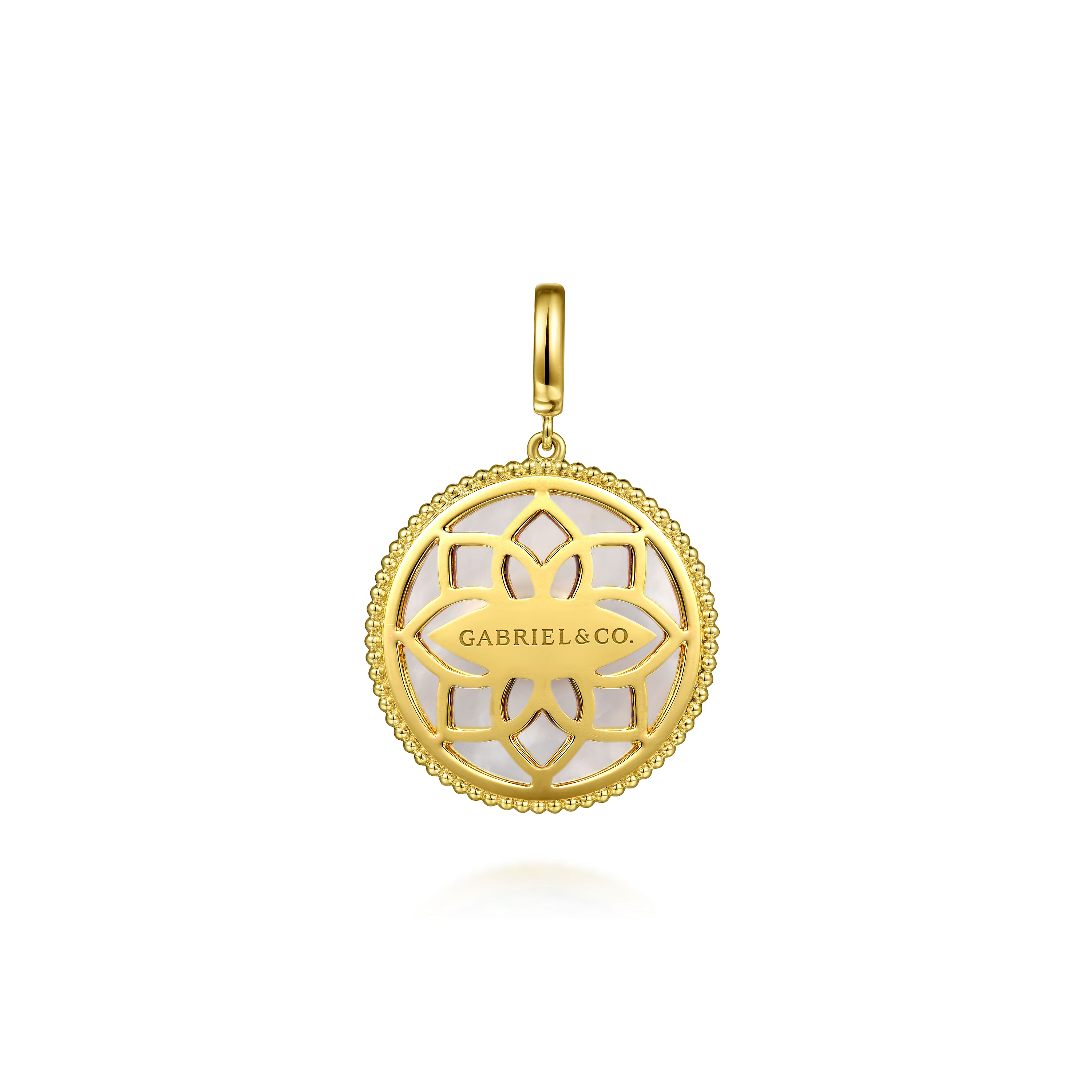 14K Yellow Gold Diamond, Sapphire and White Mother of Pearl Evil Eye Medallion Pendant