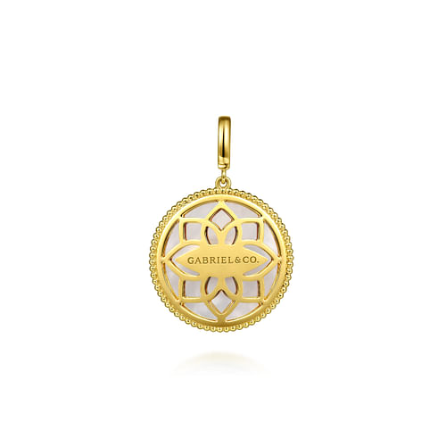 14K Yellow Gold Diamond, Sapphire and White Mother of Pearl Evil Eye Medallion Pendant