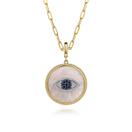 14K Yellow Gold Diamond, Sapphire and White Mother of Pearl Evil Eye Medallion Pendant