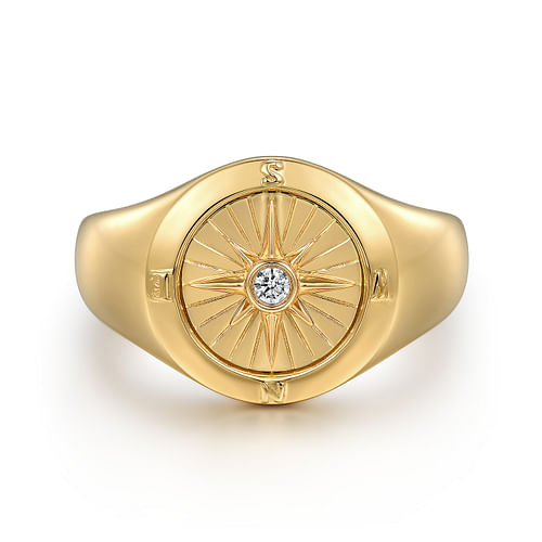 14K Yellow Gold Diamond Signet Mens Ring in High Polished Finish