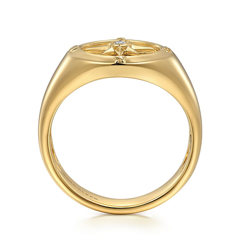 14K Yellow Gold Diamond Signet Mens Ring in High Polished Finish