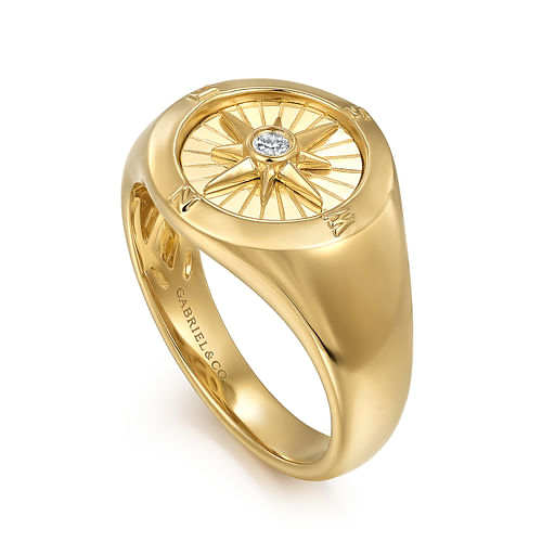 14K Yellow Gold Diamond Signet Mens Ring in High Polished Finish