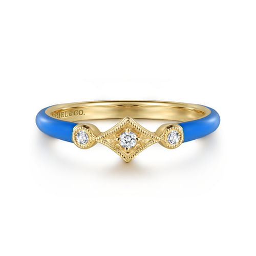 14K Yellow Gold Diamond Split Stackable with Blue Enamel