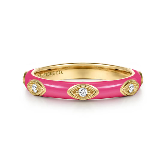 14K Yellow Gold Diamond Split Stackable with Fuchsia Enamel 14K Yellow Gold Diamond Split Stackable with Fuchsia Enamel