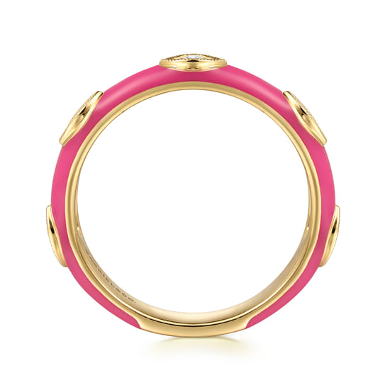 14K Yellow Gold Diamond Split Stackable with Fuchsia Enamel angle 2 14K Yellow Gold Diamond Split Stackable with Fuchsia Enamel angle 2