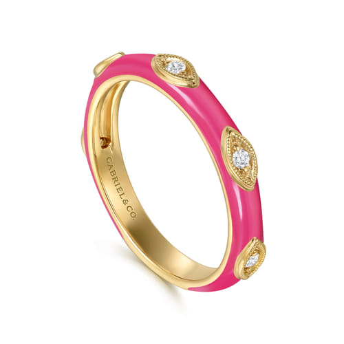 14K Yellow Gold Diamond Split Stackable with Fuchsia Enamel 14K Yellow Gold Diamond Split Stackable with Fuchsia Enamel