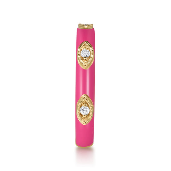 14K Yellow Gold Diamond Split Stackable with Fuchsia Enamel angle 4 14K Yellow Gold Diamond Split Stackable with Fuchsia Enamel angle 4