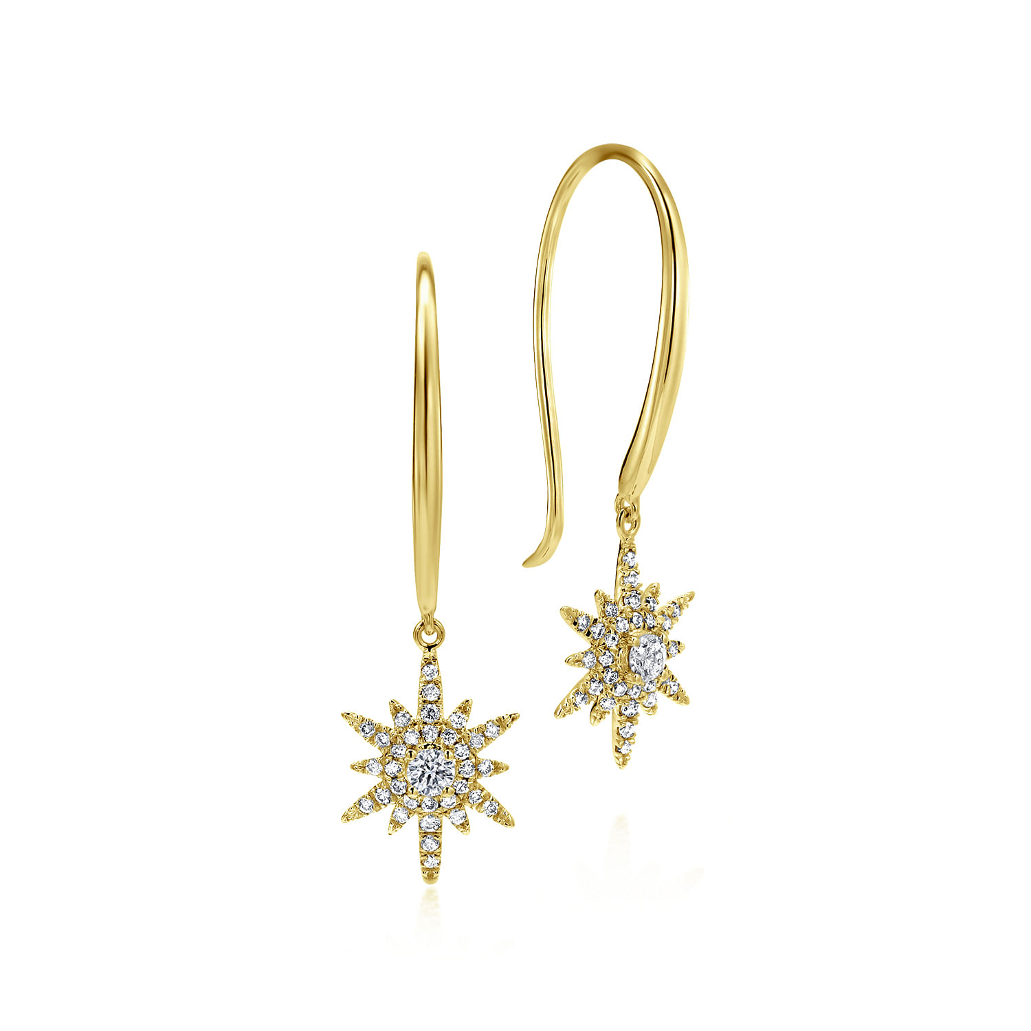 14K Yellow Gold Diamond Star Fish Wire Drop Earrings