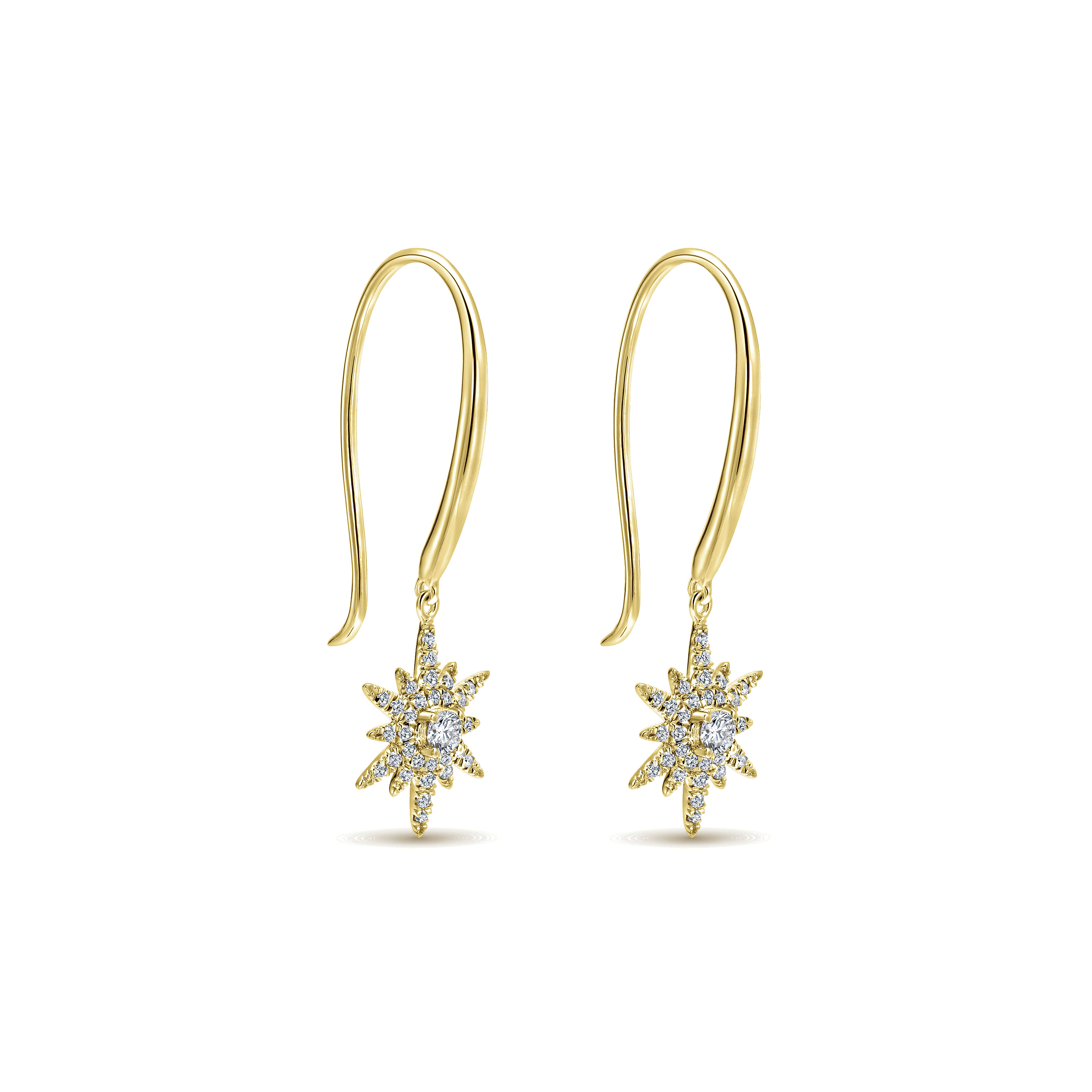 14K Yellow Gold Diamond Star Fish Wire Drop Earrings