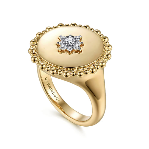 14K Yellow Gold Diamond Star Signet Ring