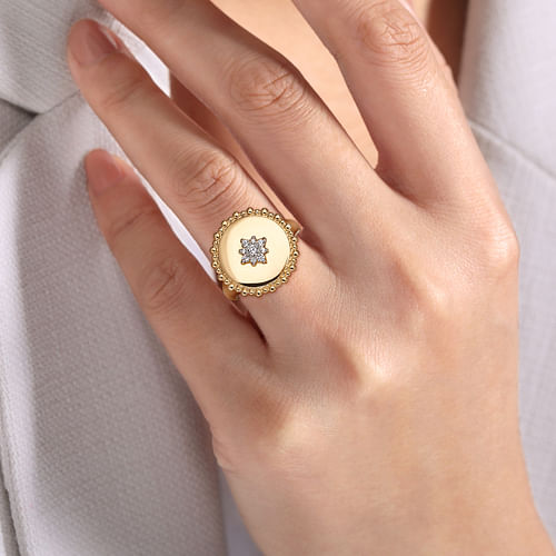 14K Yellow Gold Diamond Star Signet Ring