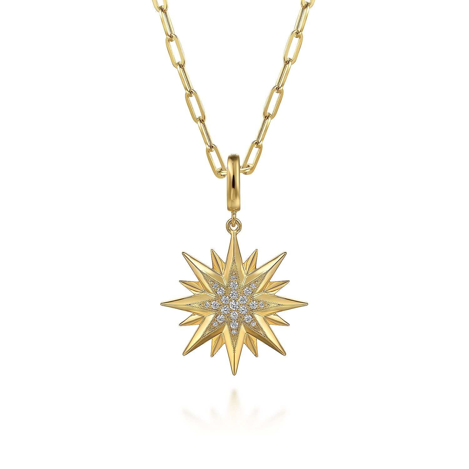 14K Yellow Gold Diamond Starburst Medallion Pendant in Size 24mm