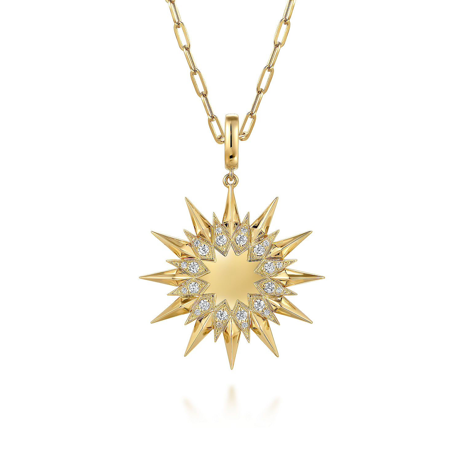 14K Yellow Gold Diamond Starburst Medallion in Size 32mm