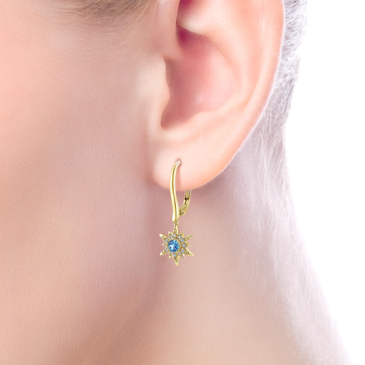 14K Yellow Gold Diamond Starburst Swiss Blue Topaz Drop Earrings