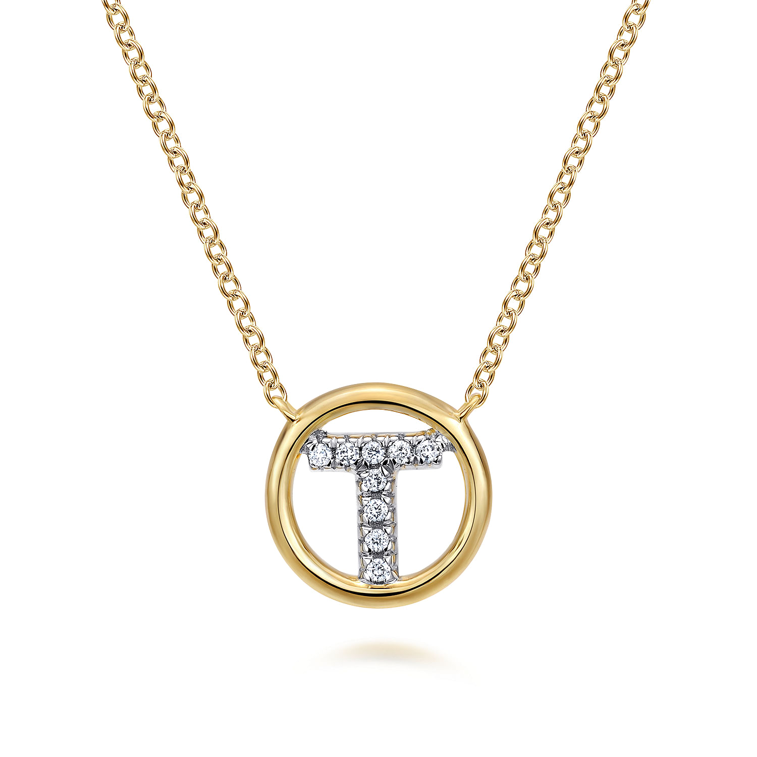 14K Yellow Gold Diamond T Initial Pendant Necklace