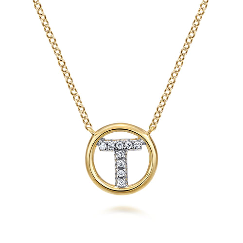 14K Yellow Gold Diamond T Initial Pendant Necklace