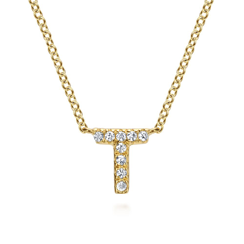 14K Yellow Gold Diamond T Initial Pendant Necklace