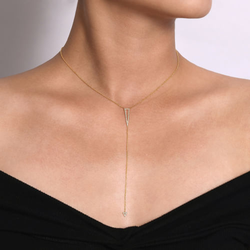 14K Yellow Gold Diamond Triangles Y Pendant Necklace